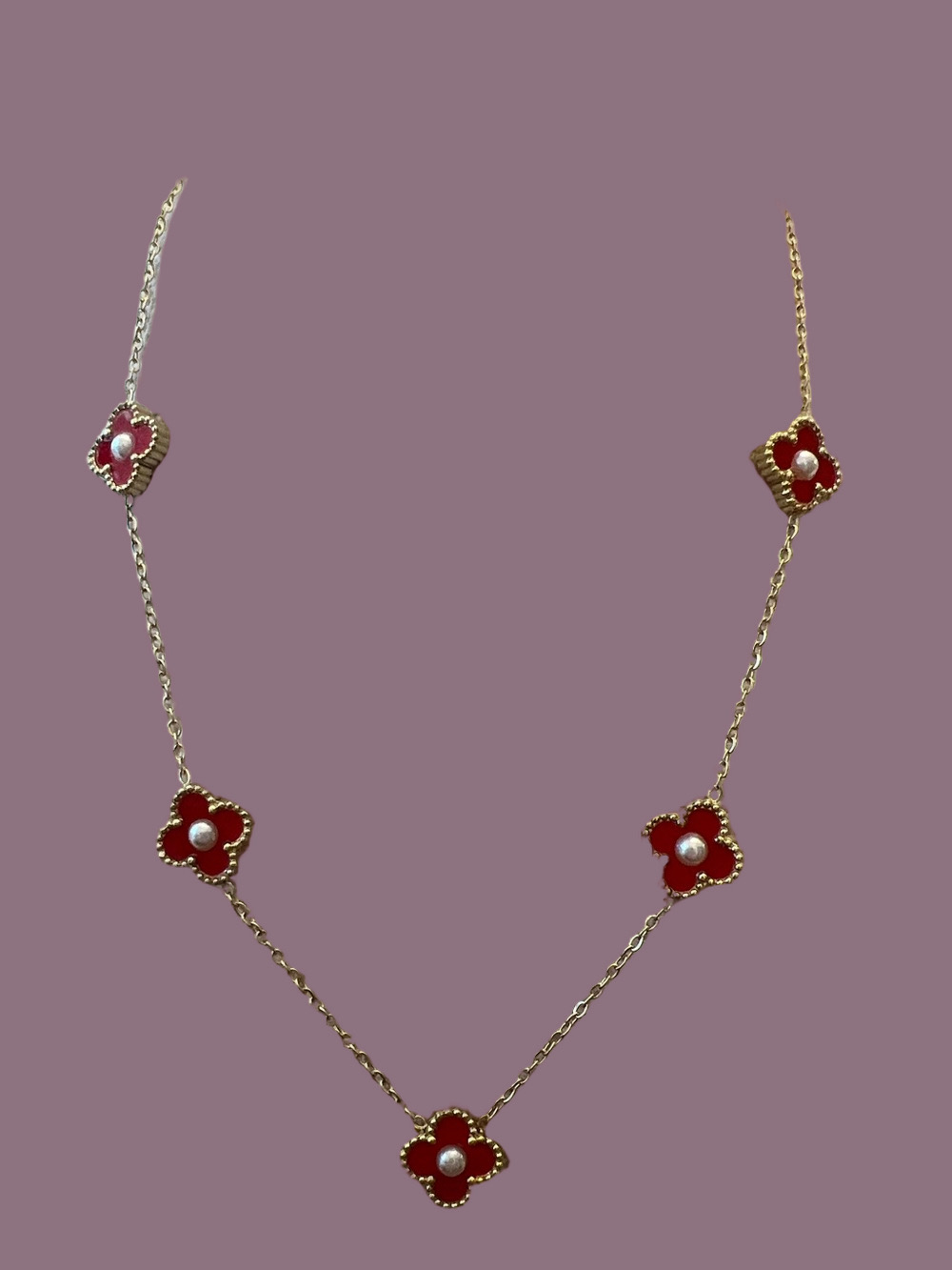 Gold Chain Necklace with Red Clover Flowers and Pearls - Women Jewelry